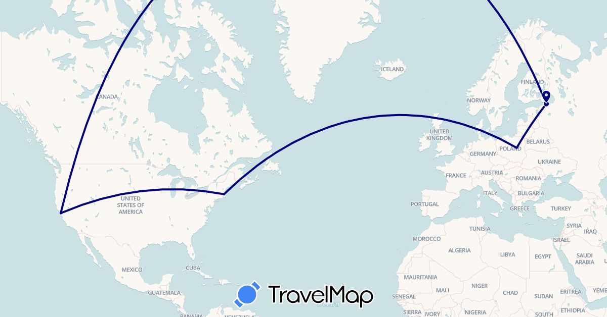 TravelMap itinerary: driving in Poland, Russia, United States (Europe, North America)